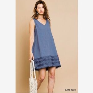 Umgee Bayside Sleeveless Fringe Dress Size Medium Blue Cotton Shift Dress Casual